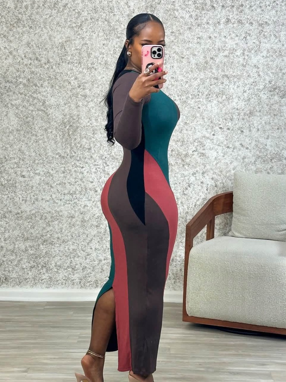 Colorblock Curve-Hugging Maxi Dress in Teal, Brown & Rose